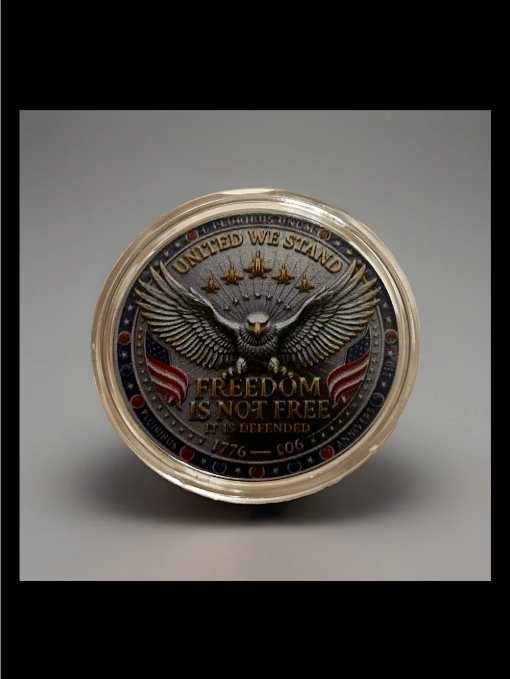 Freedom Is Not Free Eagle Metal Tin - Black & Gold 2-D Coin.